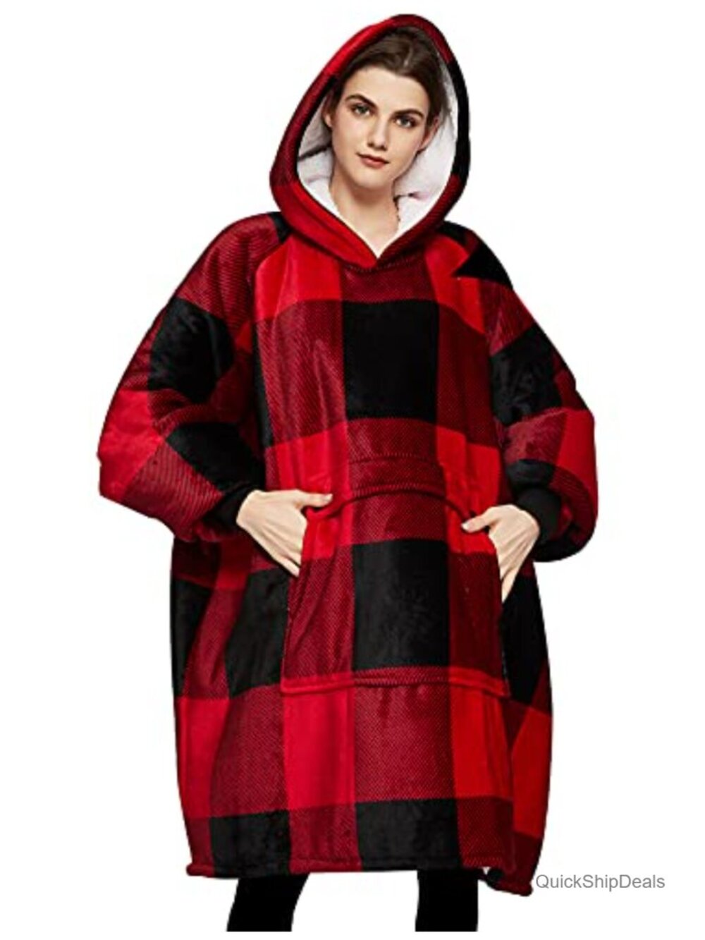 Sherpa Lined Wearable Blanket Hoodie Oversized Plush Flannel Pullover